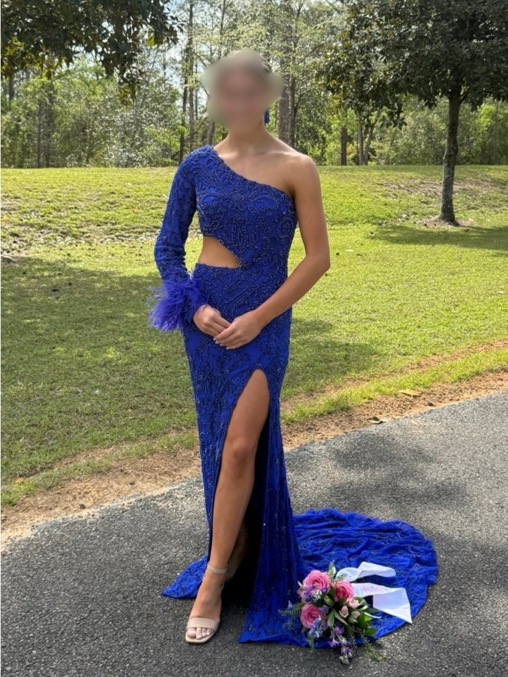 One-Shoulder Royal Blue Embellished Evening Gown - Picture 3 of 4